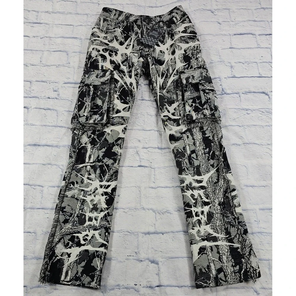Rebel Vengeance Tapestry Cargo Pants Mens 28 Black White Tree Print Frayed Hem
